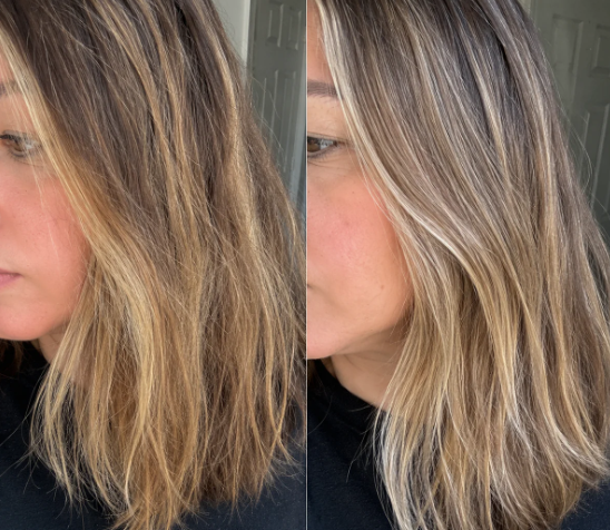Antes y después de cabello rubio con menos frizz