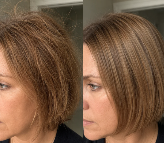 Antes y después de cabello corto más alineado