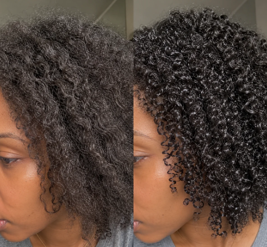 Antes y después de cabello rizado con menos frizz