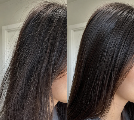 Antes y después de cabello oscuro con menos pelos erizados