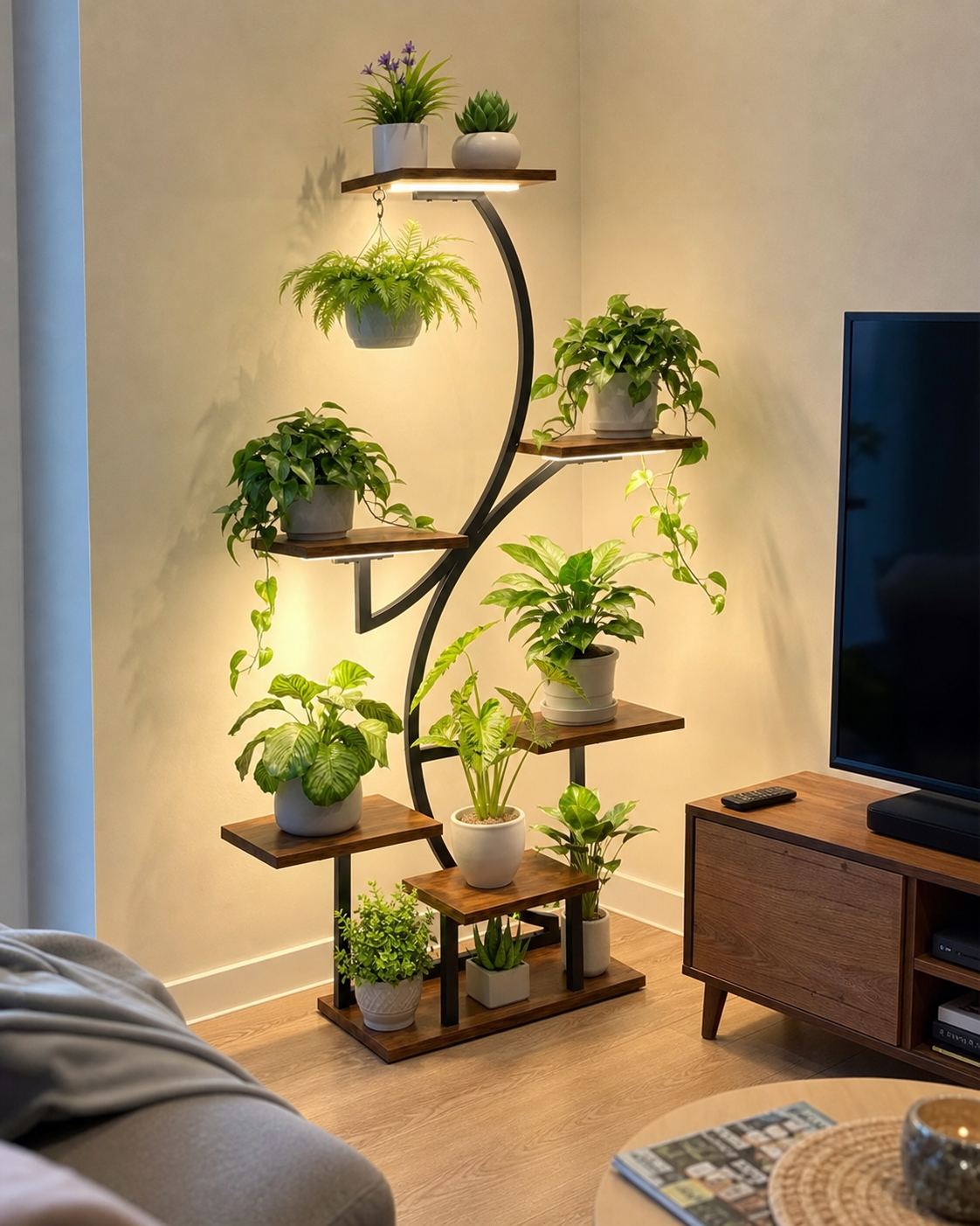 Estante para plantas en un rincón de la sala
